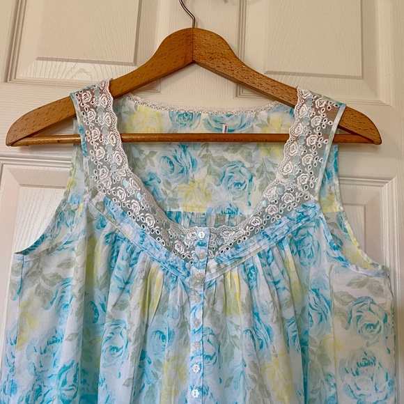 EILEEN WEST Short Sleeveless Chemise Nightgown in Yellow Blue Floral - Size M - Picture 3 of 6